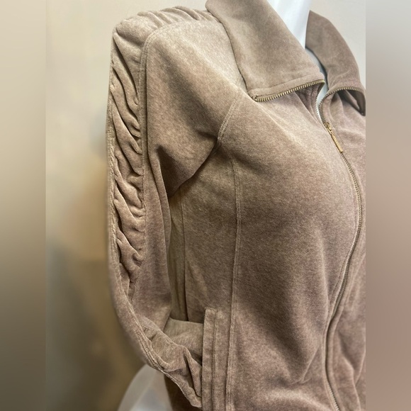 Calvin Klein Performance~Tan Velour Jacket~Zip-Up~Arm Ruching~Pockets~Size L - Picture 2 of 9